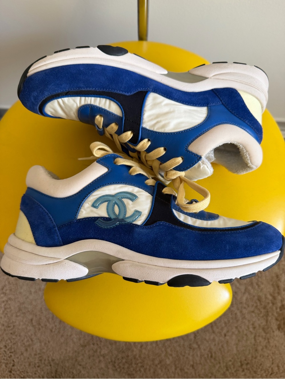 Chanel 2019 Cruise Blue / Yellow Suede Pastel CC Logo Runner Sneakers [7] - Picture 2 of 7